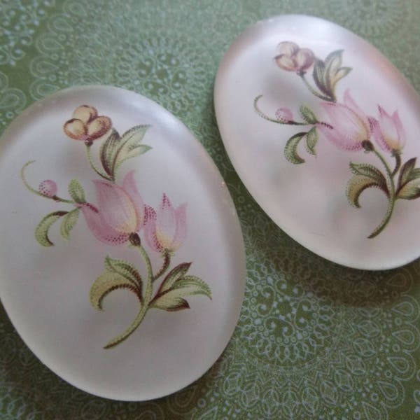 Vintage Cameos - 40X30mm Cabochons - Pink Tulip Flowers on White Cameos - Decal Picture Stones Made in Germany - Qty 1