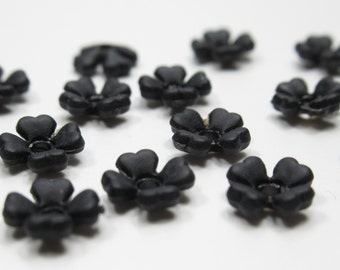 Black Flower Beads - 6mm Flower Pendants - 4 Petal Acrylic Flower Drops Center Hole - Matte Jet Black - Small Bead Caps - Qty 18