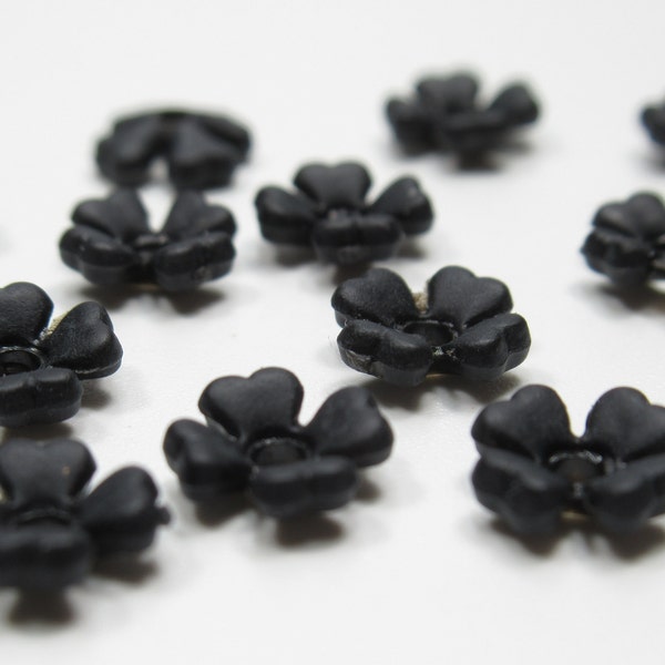 Black Flower Beads - 6mm Flower Pendants - 4 Petal Acrylic Flower Drops Center Hole - Matte Jet Black - Small Bead Caps - Qty 18