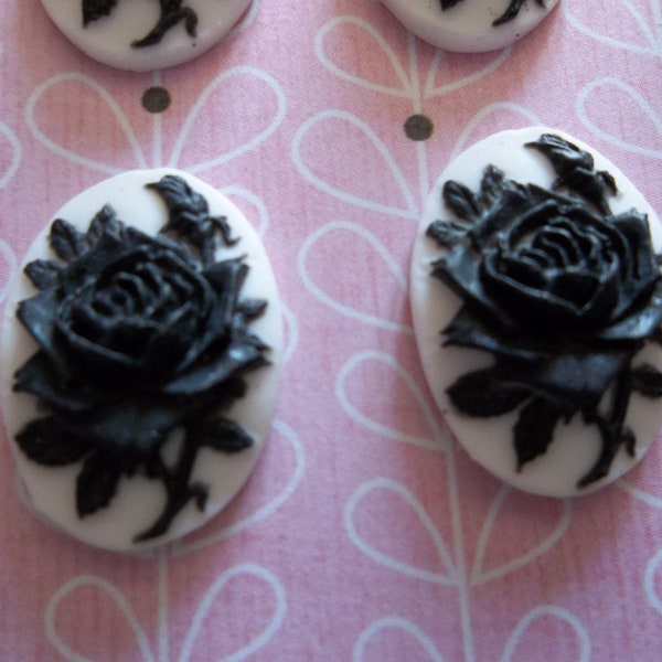 Blooming Black Rose Flower on White Cameo - 18X13mm Resin Cabochons - Qty 6