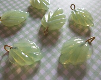 Glass Leaf Charms - Green Opal Leaves with Brass Loops - Leaf Pendants - 15X12mm - Qty 12