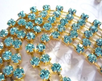 3mm Aqua Blue Rhinestone Chain - Brass Setting - 24PP Preciosa Czech Crystals - Aqua Bohemica - Your Choice Length