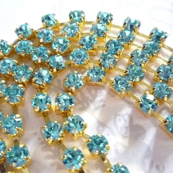 3mm Aqua Blue Rhinestone Chain - Brass Setting - 24PP Preciosa Czech Crystals - Aqua Bohemica - Your Choice Length