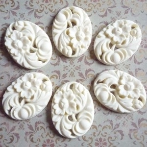 Matte Ivory Cameos - Cream Oval 40X30mm Cabochons - Carved Resin & Lotus Flowers - Flat Backs - Qty 6