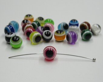 Evil Eye Beads - Red- Round 8mm Striped Colorful - White & Black Stripe with Black Eye - Protective Symbol - Qty 24