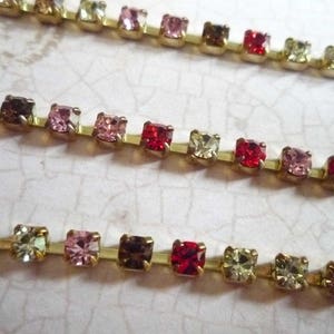 3mm Pink, Red, Yellow & Brown Rhinestone Cup Chain - Brass Setting - Multicolor Preciosa Czech Crystals - Choose Your Length