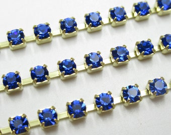 3mm Sapphire Blue Rhinestone Cup Chain - Brass Setting - Sapphire Preciosa Czech Crystals - Choose Your Length