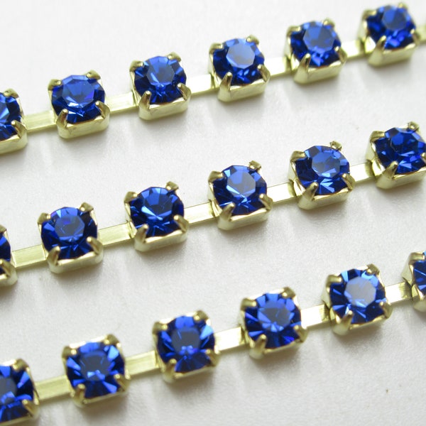 3mm Sapphire Blue Rhinestone Cup Chain - Brass Setting - Sapphire Preciosa Czech Crystals - Choose Your Length