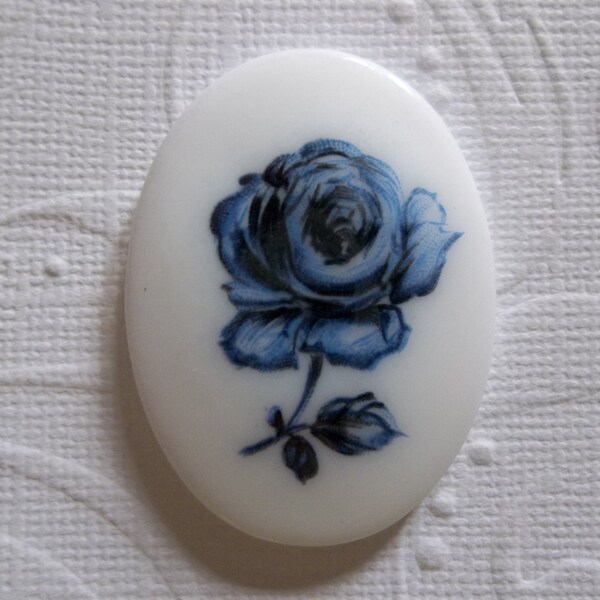 Vintage Cameos - 40X30mm Glass Cabochons - Blue Rose on White Porcelain Cameo - Decal Picture Stones - Qty 1