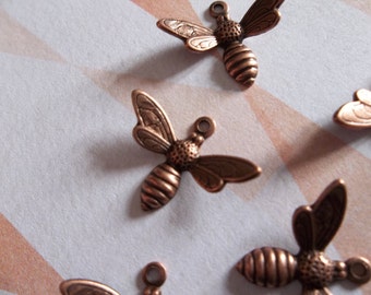 Antiqued Copper Bee Charms or Pendants with Wings Bent in Flight - 17 X 11mm - Qty 5