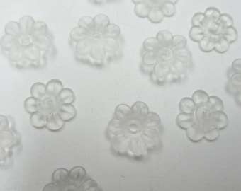 Clear Flower Beads - 10mm Flower Pendants - 7 Petal Acrylic Flower Drops Center Hole - Matte Crystal Clear - Small Bead Caps - Qty 12