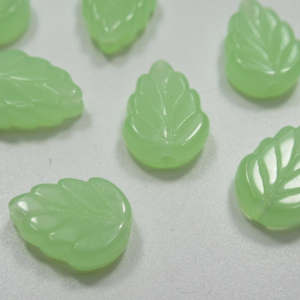 Glass Leaf Beads - Lime Green Opal Engraved Leaves - Green Leaf Pendants Charms - 10X8mm - Czech Glass Loose Beads - Qty 12