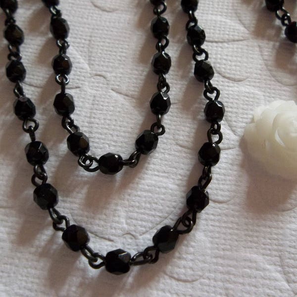 Beaded Chain - Bead Chain - Rosary Chain - 3mm Black Beaded Chain - Black Bead Chain - Jewelry Supplies - Glass Fire Polished Bead Chain