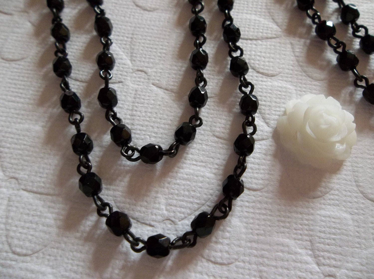 4mm Opaque Ivory Bead Chain Qty 18/" Glass Beads on Jet Black Rosary Chain
