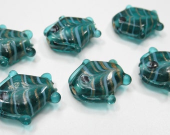 Glass Fish Beads - Teal Blue Red & White Stripes - Handmade Lampwork Glass - 18mm - Beach Summer Nautical Ocean Sea - Qty 6