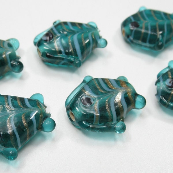 Glass Fish Beads - Teal Blue Red & White Stripes - Handmade Lampwork Glass - 18mm - Beach Summer Nautical Ocean Sea - Qty 5