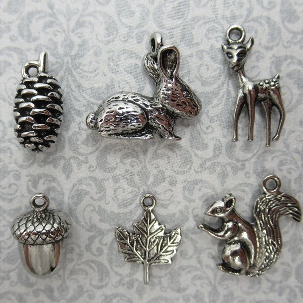 Silver Woodland Charm Set - Rabbit Squirrel Deer Acorn Leaf & Pine Cone Charms - Animal Charms - Fall Autumn Forest Nature Tree Nut - Qty 6