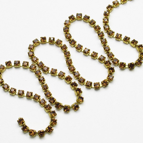 2mm Smoked Topaz Rhinestone Cup Chain - Brass Setting - Brown Smoked Topaz Preciosa Czech Crystals - Choose Your Length