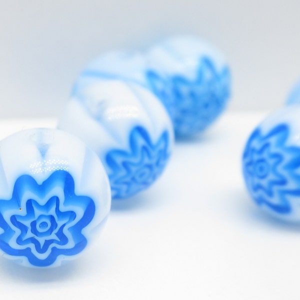 12mm Round Italian Style Millefiori Glass Beads - White Stripes with Blue Flowers - Retro Kitsch Chunky Large - Qty 8