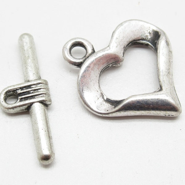Heart Toggle Clasp - Antiqued Silver - 18mm Large Clasps - Rustic Chunky Thick Simple - Qty 6 Sets *NEW*