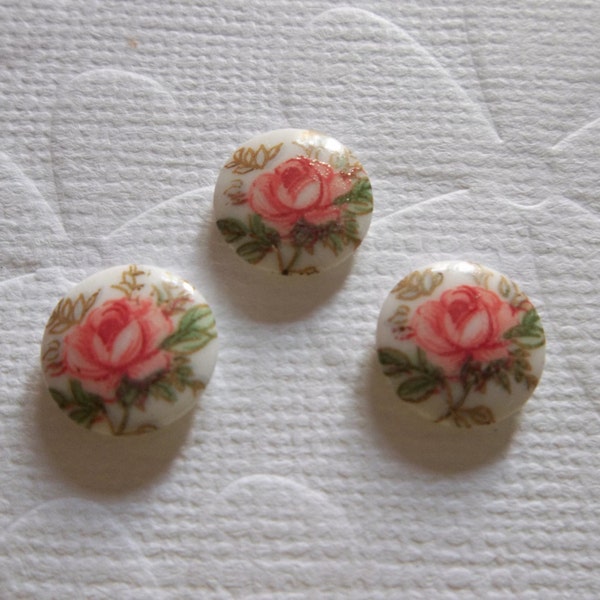 Vintage Cameos - Pink Rose on White Cameo -  10mm Round Glass Cabochons - Qty 6