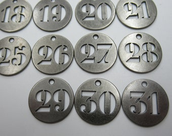 Number Tags - Numbers 1 thru 31 - All Calendar Days of the Month - Round Antiqued Silver Tokens Charms - Cutout & Hole to Hang - Qty31 *NEW*