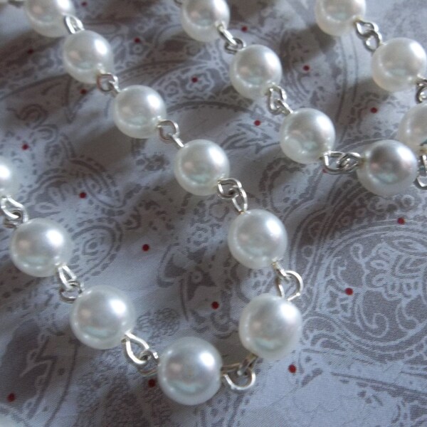 Beaded Chain - Pearl Bead Chain - Rosary Chain - 6mm White Pearls - Silver Bead Chain - Glass Pearls - Jewelry Supplies