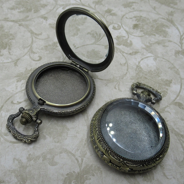 Médaillon de montre de poche en verre biseauté transparent - Style vintage - Or vieilli - Remplissable avec compartiment intérieur transparent pour vos trésors - Qté 1
