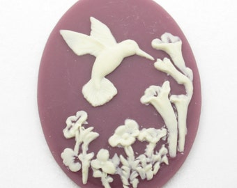 Hummingbird Cameos - 40X30mm Oval Cabochons - Ivory on Purple Floral - Resin - Retro Vintage Style - Qty 4 *NEW*