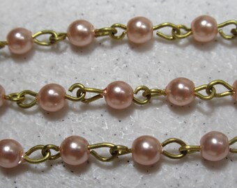 Beaded Chain - Bead Chain - Rosary Chain - 4mm Pink Pearl Beaded Chain - Brass Bead Chain - Jewelry Supplies - Glass Bead Chain - Wedding