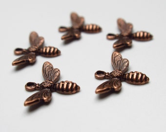 Tiny Bee Charms - Antiqued Copper - Little Bee Pendants with Wings Bent in Flight - Small Bumblebee Insect - 13X7mm - Qty 5