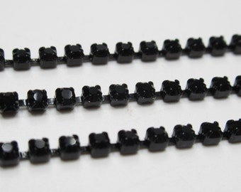 2mm Jet Black Rhinestone Cup Chain - Black Plated Brass Setting - Black Preciosa Czech Crystals - Choose Your Length