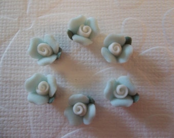 Blue Ceramic Roses - 3/8" Flower Cameos - Green Leaf - White Center - Flat Back 8mm Cabochons - Porcelain Flower Embellishment - Qty 6