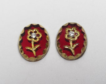 Vintage Glass Flower Cabochons - Engraved Intaglio Flower with Chaton - 10X8mm Gold on Ruby Red - Made in Germany Qty 2