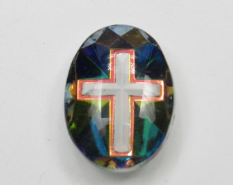 Cross Cabochons - German Glass Carved Intaglio Back - 18X13mm - White on Iridescent - Christian Catholic Religious - Qty 1