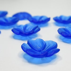 Matte Sapphire Blue Flower Beads - 14mm Flower Pendants - 5 Petal Acrylic Pansy Shape Center Hole - Made in Germany - Qty 12