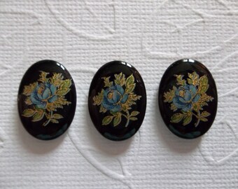 Vintage Cameos - Blue Rose on Black Cameo -  18X13mm Glass Cabochons - Qty 6