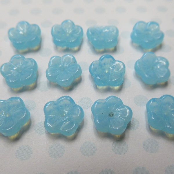 Glass Flower Beads - Aqua Blue Opal Czech Glass - Small Flower Bead Caps - 8mm - Pale Blue Daisy Beads -  Qty 12