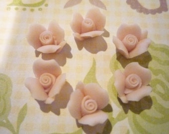 Pale Pink Ceramic Roses - 3/8" Flower Cameos - Solid Pink Flat Back 8mm Cabochons - Porcelain Flower Embellishment - Qty 6