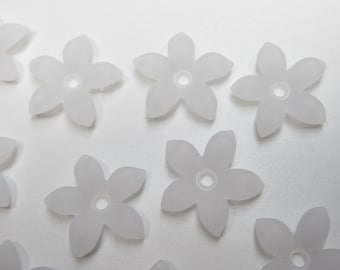 White Flower Beads - 18mm Flower Pendants - 5 Petal Acrylic Flower Drops Center Hole - Matte Crsytal - Large Bead Caps - Qty 12