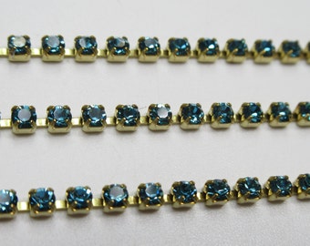 2mm Indicolite Blue Rhinestone Cup Chain - Brass Setting - Aqua Teal - Preciosa Maxima Czech Crystals - Choose Your Length