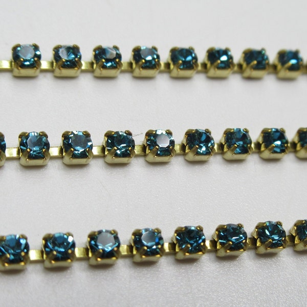 2mm Indicolite Blue Rhinestone Cup Chain - Brass Setting - Aqua Teal - Preciosa Maxima Czech Crystals - Choose Your Length