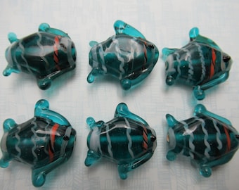 Glass Fish Beads - Teal Blue Red & White Stripes - Handmade Lampwork Glass - 26mm/1 inch - Beach Summer Nautical Ocean Sea - Qty 6