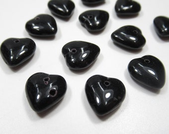 Glass Heart Beads - Jet Black - 12mm with Top Hole - Puff Hearts - Earring Findings - Made in Czech Republic - Qty 12