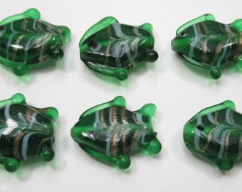 Glass Fish Beads - Emerald Green Red & White Stripes - Handmade Lampwork Glass - 18mm - Beach Summer Nautical Ocean Sea - Qty 6