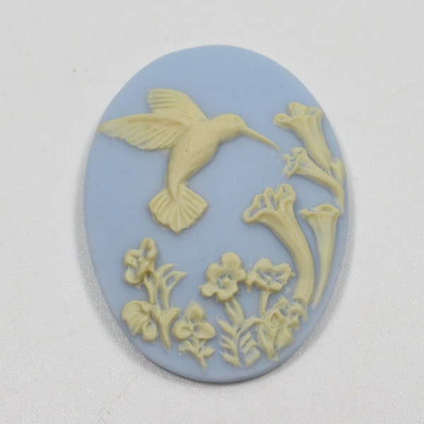 Camées Colibri - Cabochons Ovales 40X30mm - Ivoire sur Floral Bleu Clair - Résine - Style Rétro Vintage - Qté 4