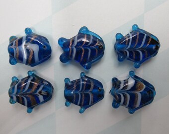 Glass Fish Beads - Aqua Blue Gold & White Stripes - Handmade Lampwork Glass - 18mm - Beach Summer Nautical Ocean Sea - Qty 6