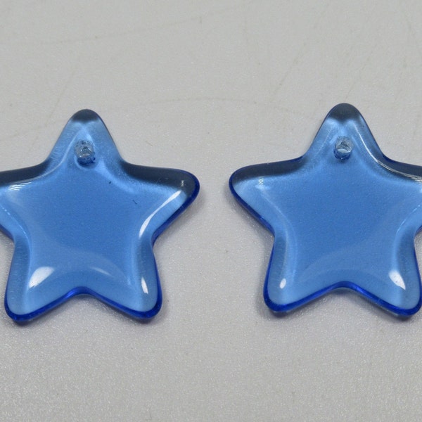 Glass Star Beads - Sapphire Blue Stars - 15mm Flat - Celestial Charms Earring Findings Pendants - German Glass - Qty 2