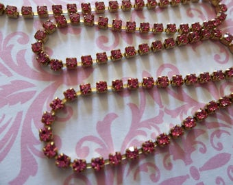 2mm Rose Pink Rhinestone Cup Chain - Brass Setting - Rose Pink Preciosa Czech Crystals - Choose Your Length