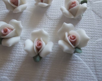 11mm White Ceramic Roses - Flat Back -  1/2" Flower Cabochons - With Pink Center & Green Leaf - Porcelain Flower Embellishment - Qty 6